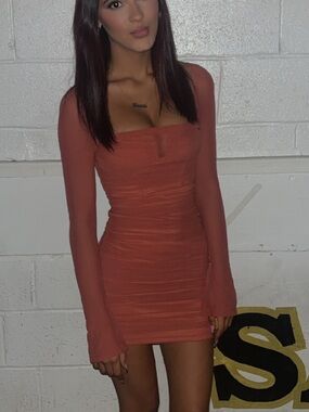 Summer Nights Out Long Sleeve Mesh Mini Dress Brick XS